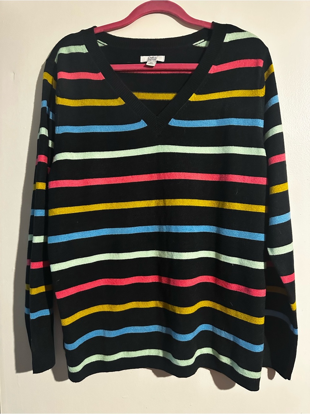 croft & barrow Black V-Neck Sweater with Pink, Yellow, Blue, Mint Stripes
